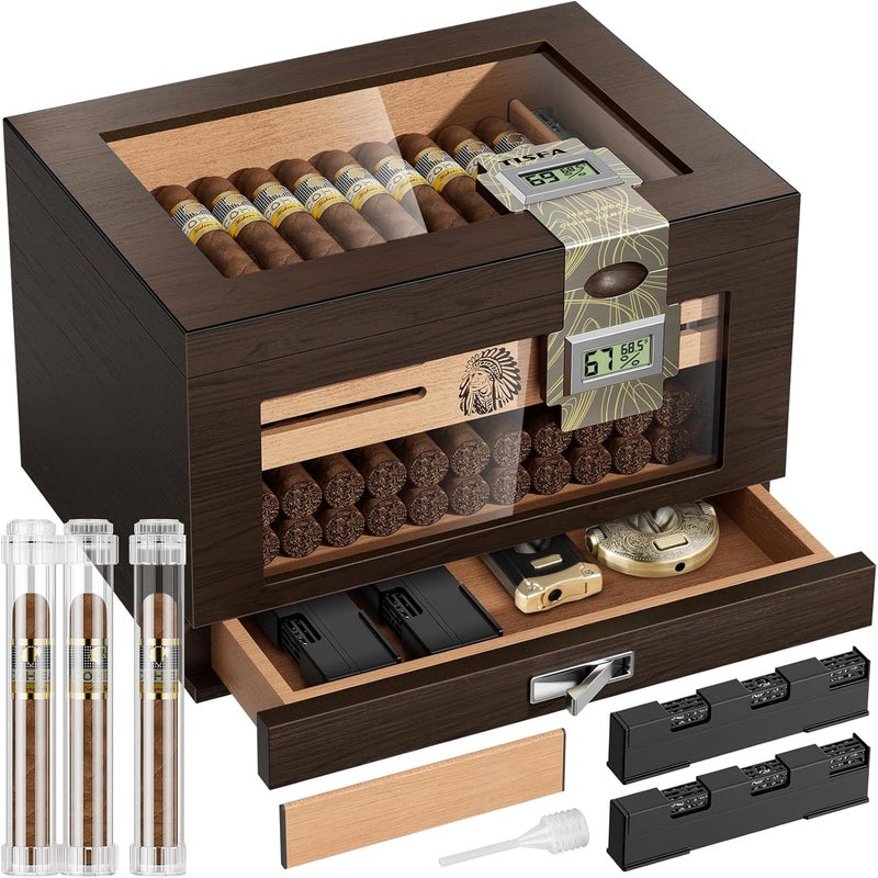 TISFA Cigar Humidor Cedar Wood Cigar Box with 2 Digital Hygrometer, 2 Humidifiers, Cedar Tray, Divider, Accessory Drawer, Glass Top Large Desktop Humidors and Acrylic Travel Cigar Tube Gifts Set - Image 1